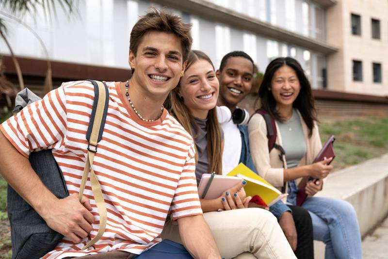 Diverse people smiling sitting outside holding folders. Multicultural group of happy students looking at camera with backpacks and notebooks.