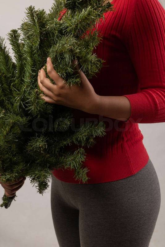 branch of a pine tree, leaves and part of a christmas tree, texture in studio, artificial decorative object