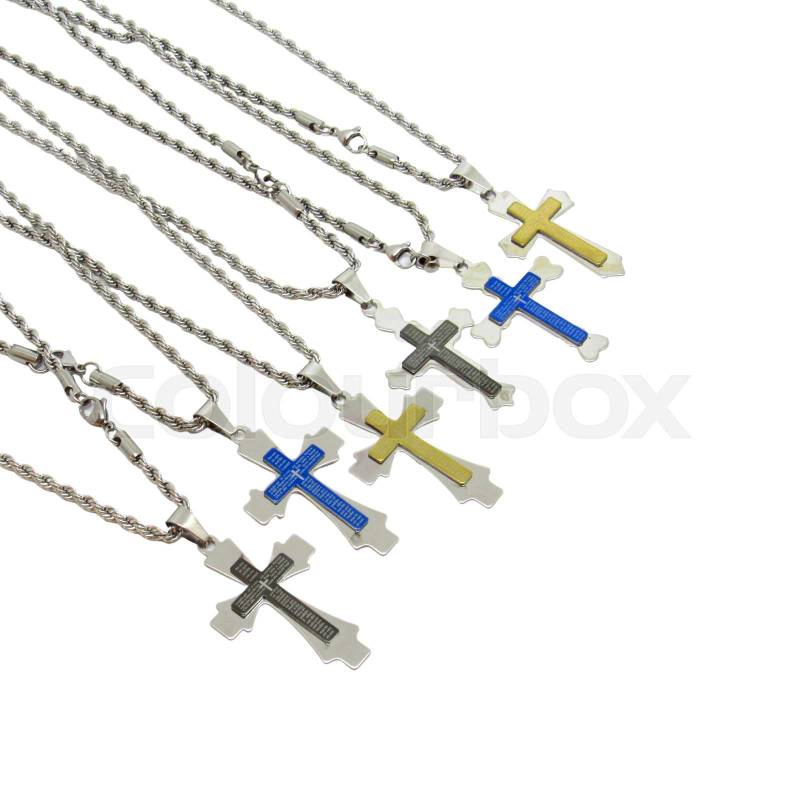 A stunning collection of vibrant and colorful cross necklaces beautifully displayed on chains