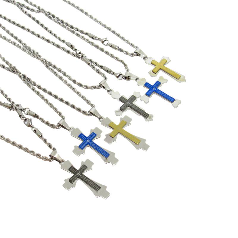 A stunning collection of vibrant and colorful cross necklaces beautifully displayed on chains