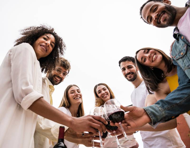 Bottom view of a happy group of friends toasting with wine glasses outside. Diverse group of young people drinking in a rooftop dinner looking at camera.