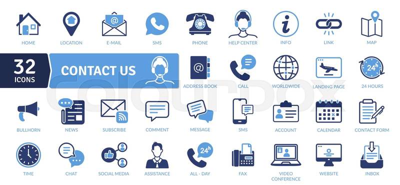 Contact Us Icons: Communication and Support Channels. It also includes symbols for support, help centers, and maps to find locations.