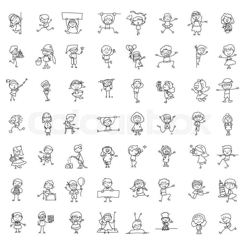 Set of hand drawing doodle happy kids cartoon character abst | Colourbox
