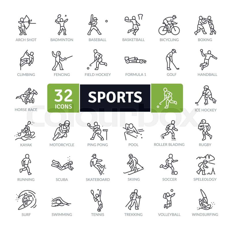 Sports Icons Pack. Thin line icons set. Archery to Windsurfing