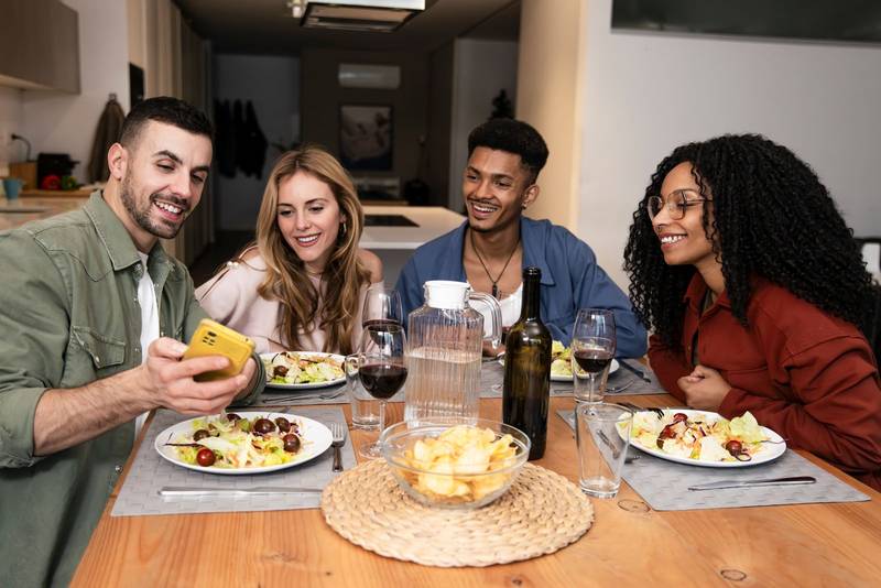 Smiling people sharing smartphone while eating on a modern apartment. Diverse group of happy friends having a video call diner at home. 