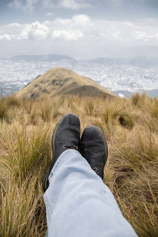 relaxed tourist on the grass, rest on nature